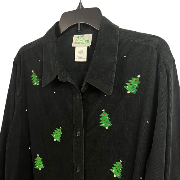 The Quaker Factory Corduroy Shirt Embroidered Christmas Trees Black Large - Picture 4 of 9